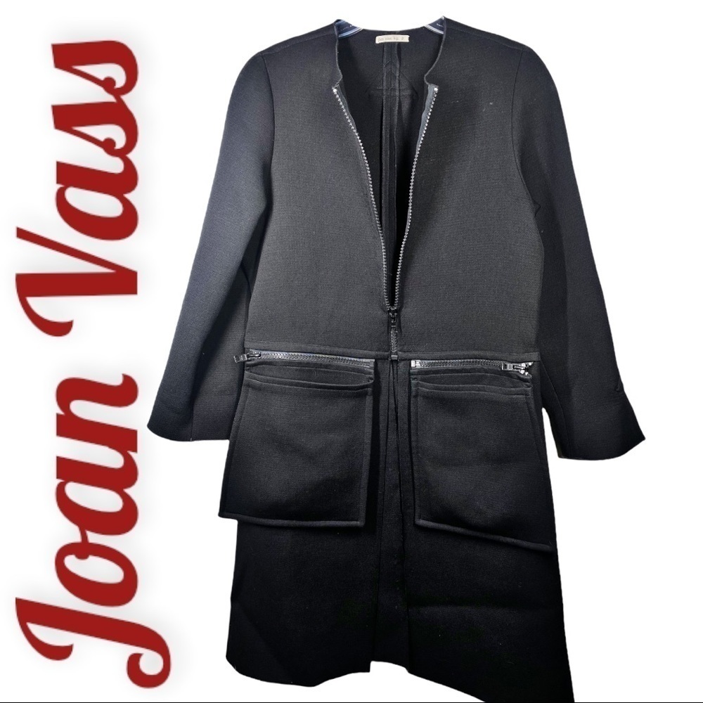 Joan Vass Ultra Modern Minimalist Longline Black Wool Coat, Size 12